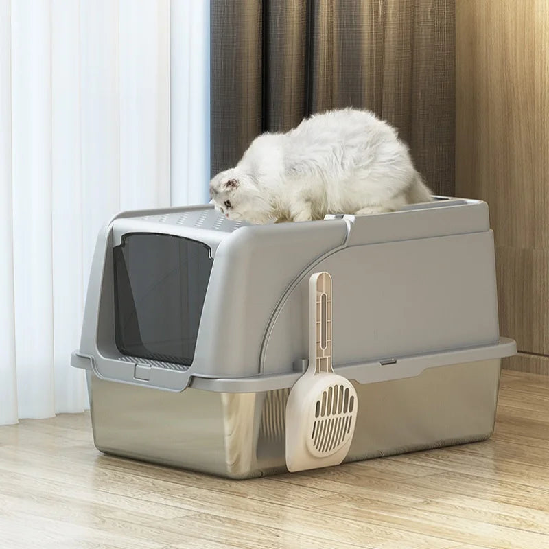 Extra Large Stainless Steel Cat Litter Box – Enclosed, 20L, Removable Lid