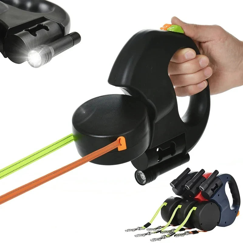 Double Retractable Dog Leash for 2 Dogs – 3m, LED Light & Bag Holder
