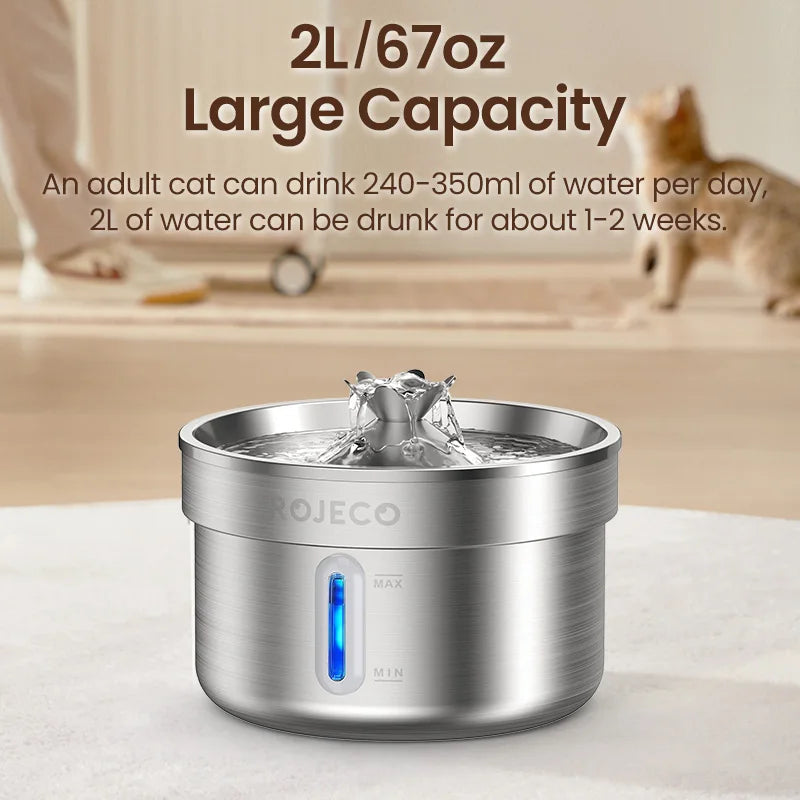 Stainless Steel Cat Water Fountain 2L – Filtered, for Cats & Dogs
