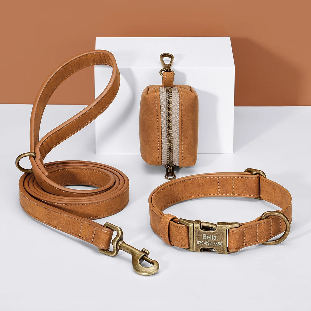Vintage Leather-Look Dog Collar, Leash & Poop Bag Holder Set