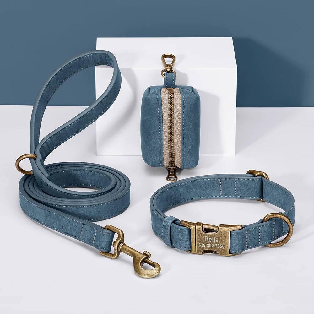 Vintage Leather-Look Dog Collar, Leash & Poop Bag Holder Set