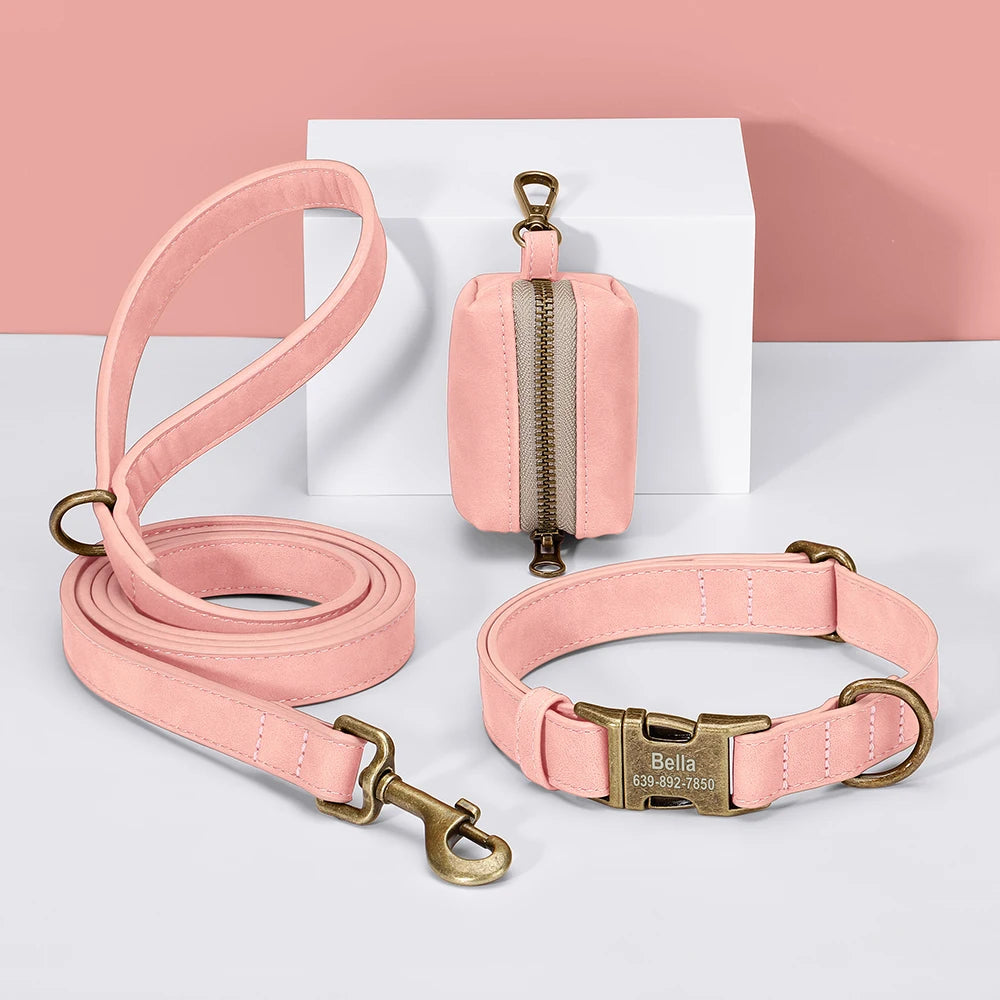 Vintage Leather-Look Dog Collar, Leash & Poop Bag Holder Set
