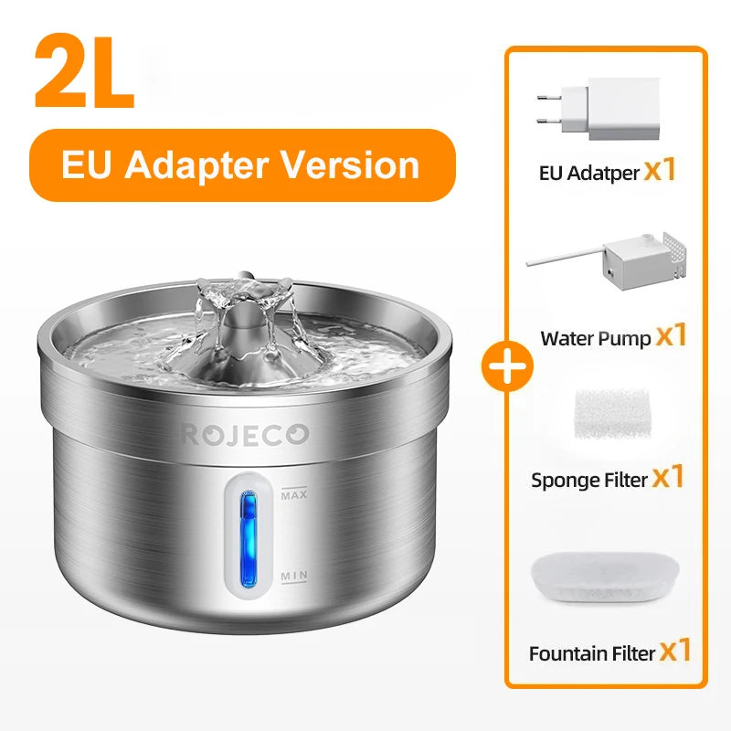 Stainless Steel Cat Water Fountain 2L – Filtered, for Cats & Dogs