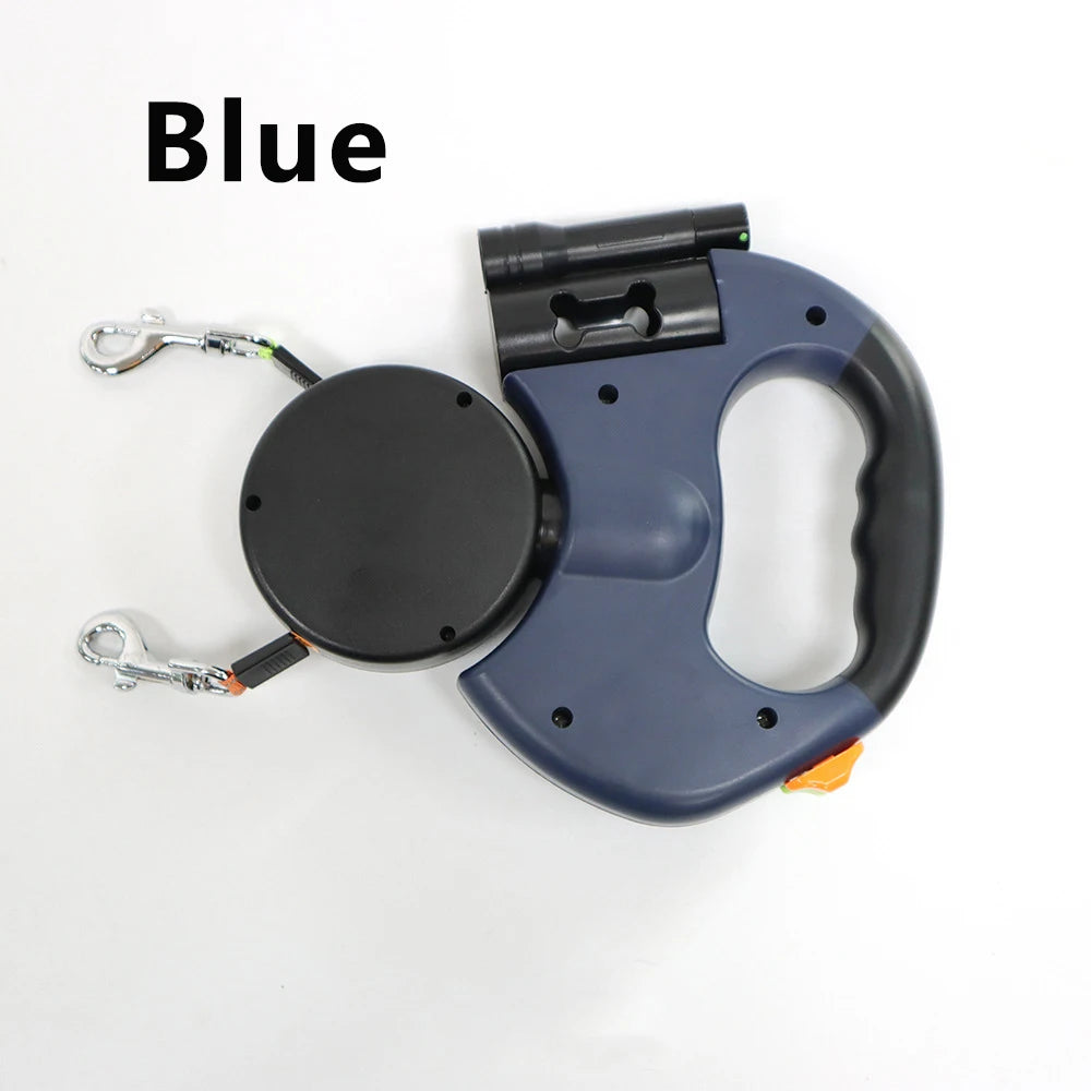 Double Retractable Dog Leash for 2 Dogs – 3m, LED Light & Bag Holder