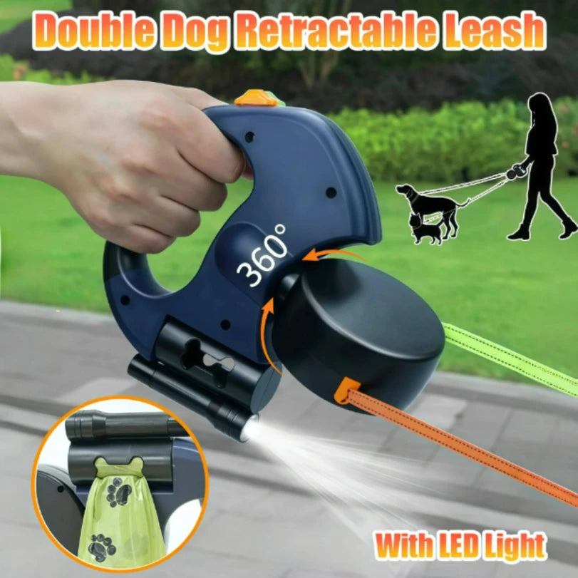 Double Retractable Dog Leash for 2 Dogs – 3m, LED Light & Bag Holder