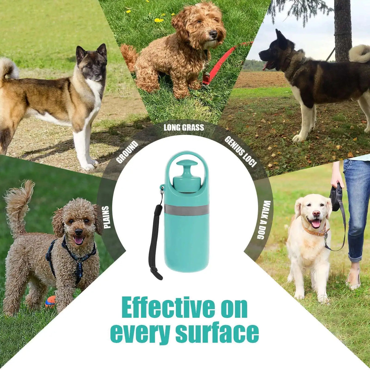 Portable outdoor dog waste collection device – includes a built-in compartment for waste bags.