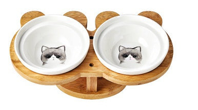 Ceramic Cat Bowl Set with Wooden Stand – 2 Bowls, Cute Cat Designs