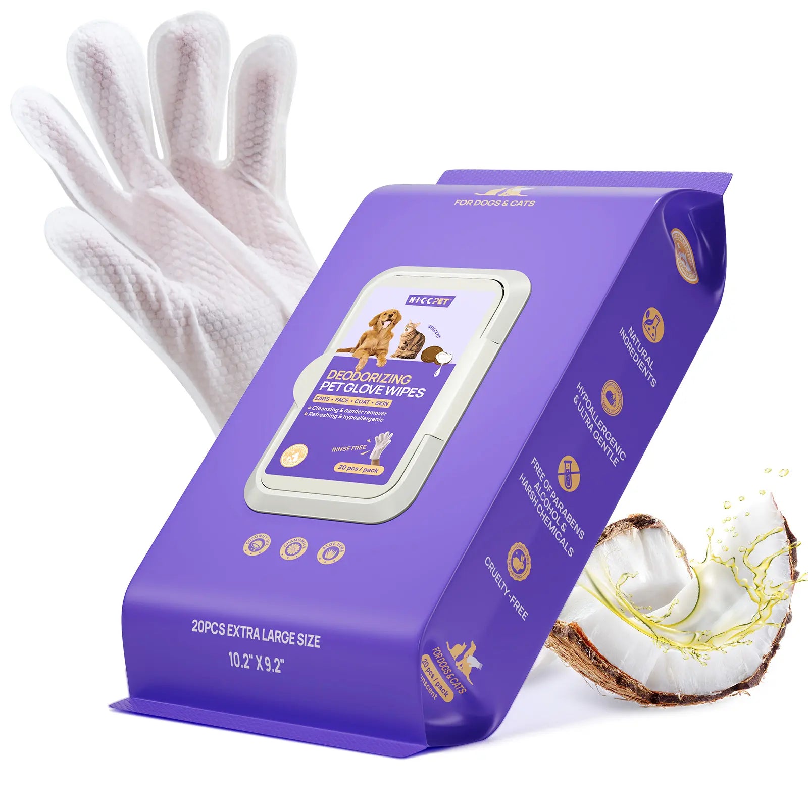 HICC PET 20Pcs Dog Grooming Wipes - No-Rinse Hypoallergenic Glove Wipes with Fermented Oils for Hair Removal, Deodorizing, Skin Hydration, Bath-Free Dog Grooming#Sohochic