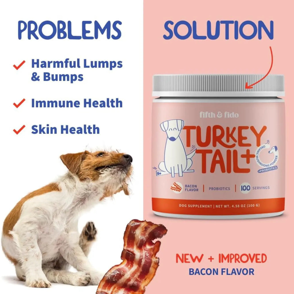 Fifth and Fido Turkey Tail-Reishi Mushrooms Dog Food Topper, Bacon Flavor, Probiotic Supplement, Universal for Dogs, Supports Immune & Gut Health, 500Mg per Scoop, Made in USA