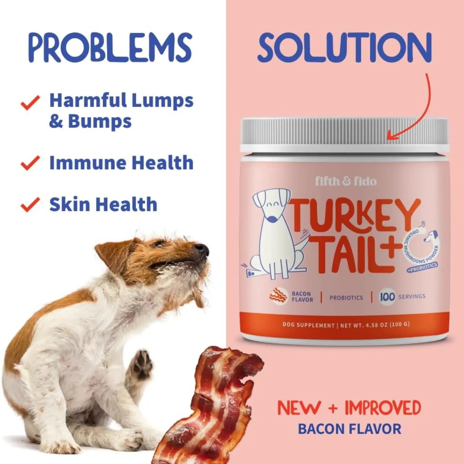 Fifth and Fido Turkey Tail-Reishi Mushrooms Dog Food Topper, Bacon Flavor, Probiotic Supplement, Universal for Dogs, Supports Immune & Gut Health, 500Mg per Scoop, Made in USA