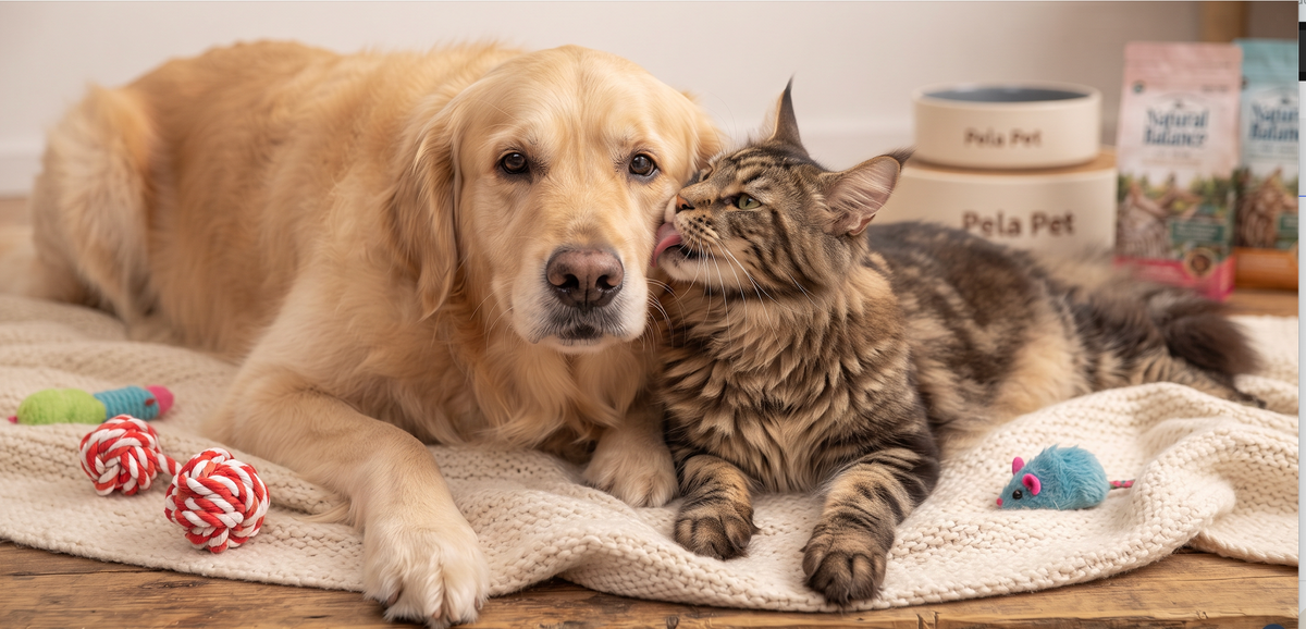 A tabby cat and a golden retriever resting together on a bed
