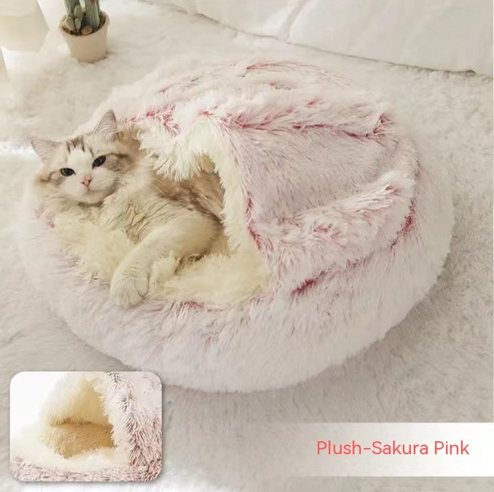 2-in-1 Plush Pet Bed & House – Warm Winter Round Bed, 40–100 cm