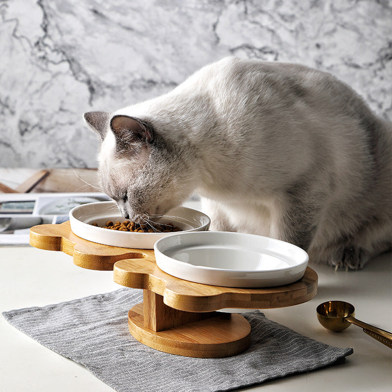Ceramic Cat Bowl Set with Wooden Stand – 2 Bowls, Cute Cat Designs