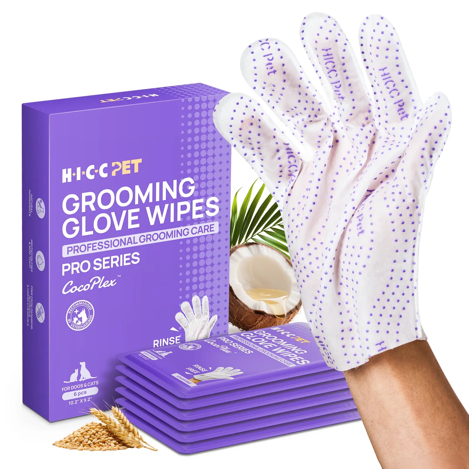 HICC PET 20Pcs Dog Grooming Wipes - No-Rinse Hypoallergenic Glove Wipes with Fermented Oils for Hair Removal, Deodorizing, Skin Hydration, Bath-Free Dog Grooming#Sohochic