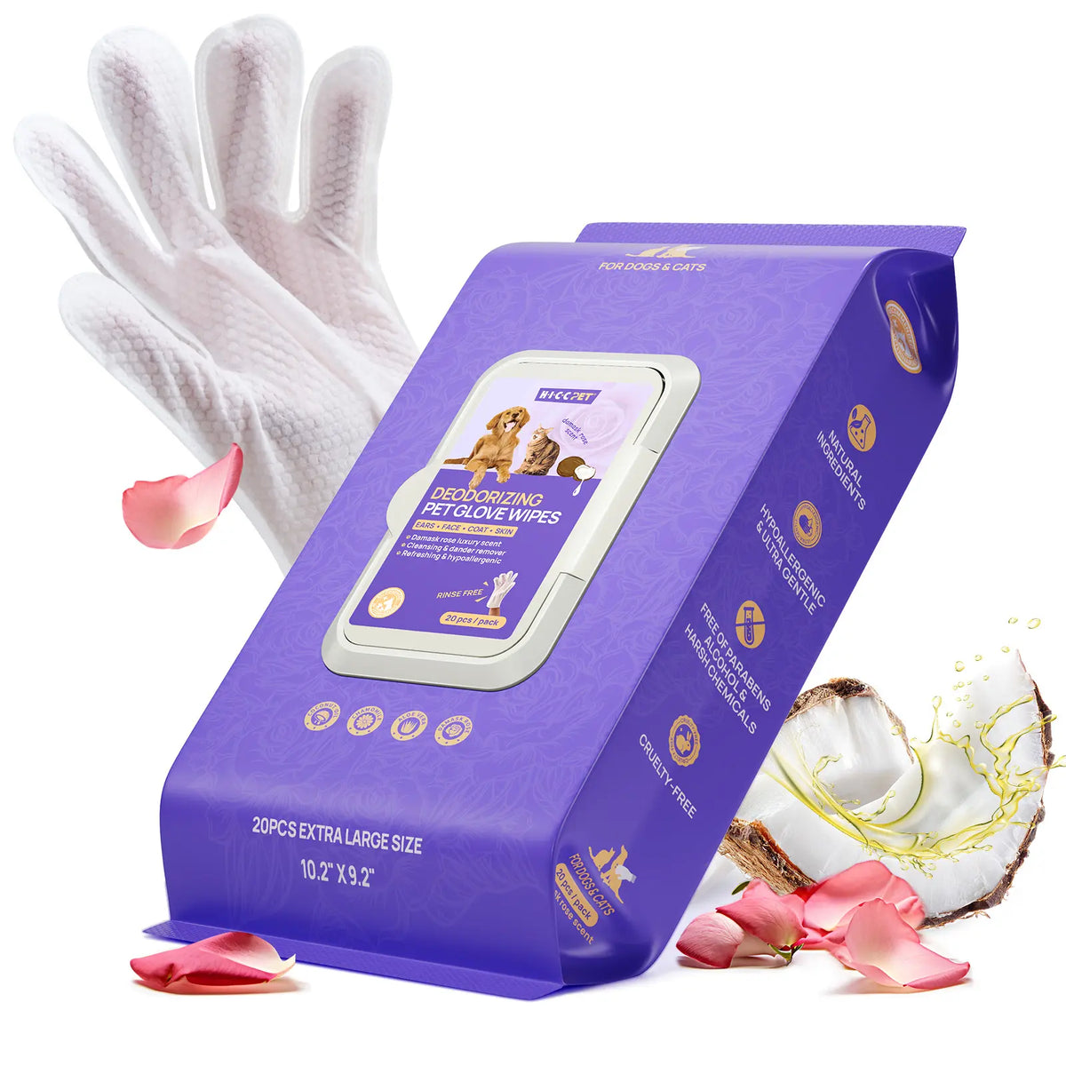 HICC PET 20Pcs Dog Grooming Wipes - No-Rinse Hypoallergenic Glove Wipes with Fermented Oils for Hair Removal, Deodorizing, Skin Hydration, Bath-Free Dog Grooming#Sohochic