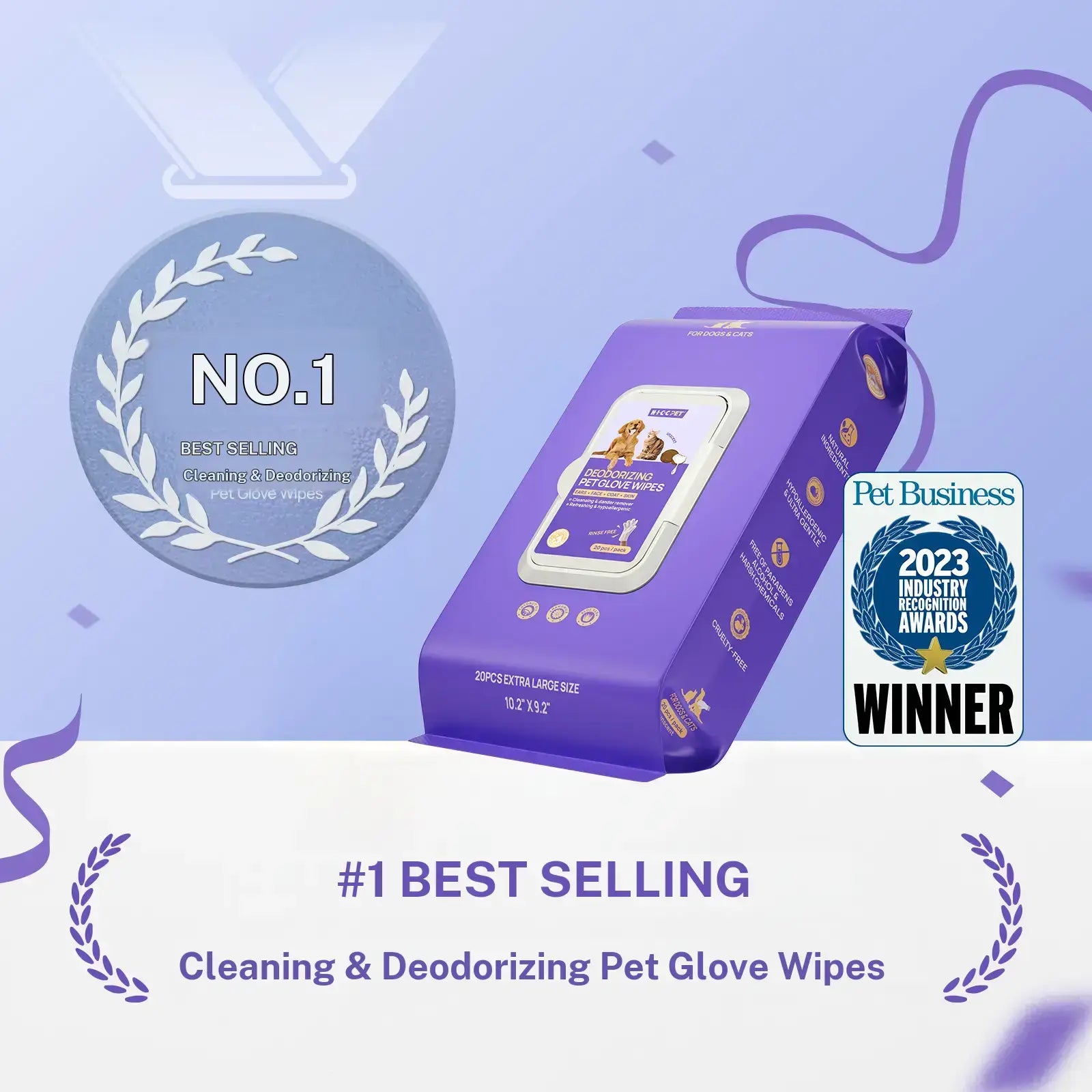 HICC PET 20Pcs Dog Grooming Wipes - No-Rinse Hypoallergenic Glove Wipes with Fermented Oils for Hair Removal, Deodorizing, Skin Hydration, Bath-Free Dog Grooming#Sohochic