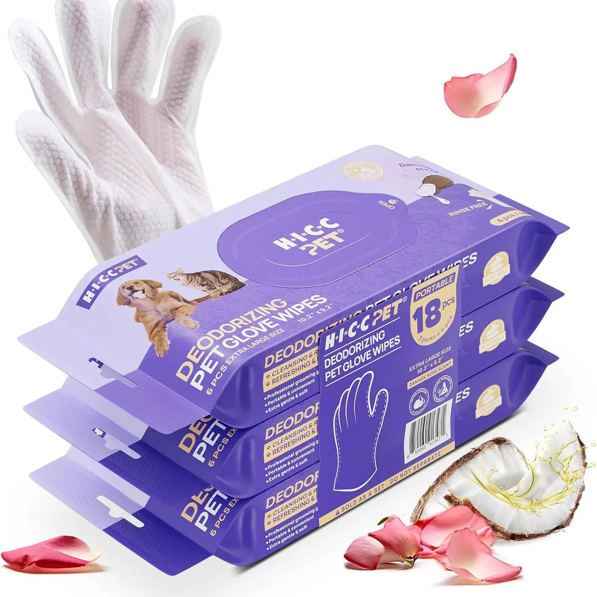 HICC PET 20Pcs Dog Grooming Wipes - No-Rinse Hypoallergenic Glove Wipes with Fermented Oils for Hair Removal, Deodorizing, Skin Hydration, Bath-Free Dog Grooming#Sohochic