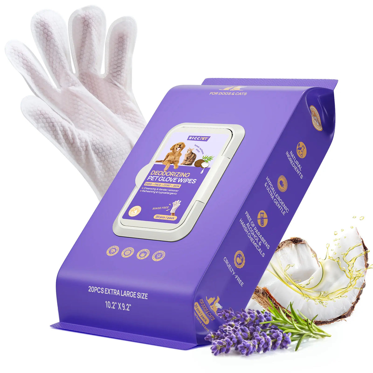 HICC PET 20Pcs Dog Grooming Wipes - No-Rinse Hypoallergenic Glove Wipes with Fermented Oils for Hair Removal, Deodorizing, Skin Hydration, Bath-Free Dog Grooming#Sohochic