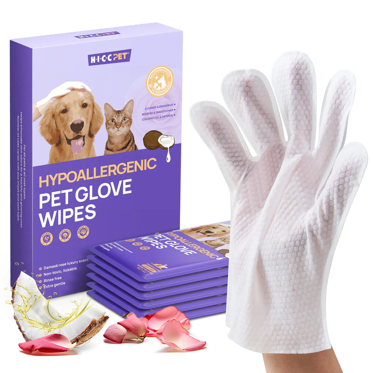 HICC PET 20Pcs Dog Grooming Wipes - No-Rinse Hypoallergenic Glove Wipes with Fermented Oils for Hair Removal, Deodorizing, Skin Hydration, Bath-Free Dog Grooming#Sohochic