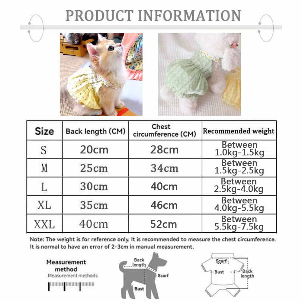 Yellow Floral Wreath Collar Mini Dog Princess Dress Cute Small Cat Skirt Thin Pretty Small Cat Dress Breathable Cat Skirt