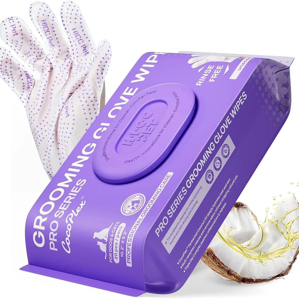 HICC PET 20Pcs Dog Grooming Wipes - No-Rinse Hypoallergenic Glove Wipes with Fermented Oils for Hair Removal, Deodorizing, Skin Hydration, Bath-Free Dog Grooming#Sohochic