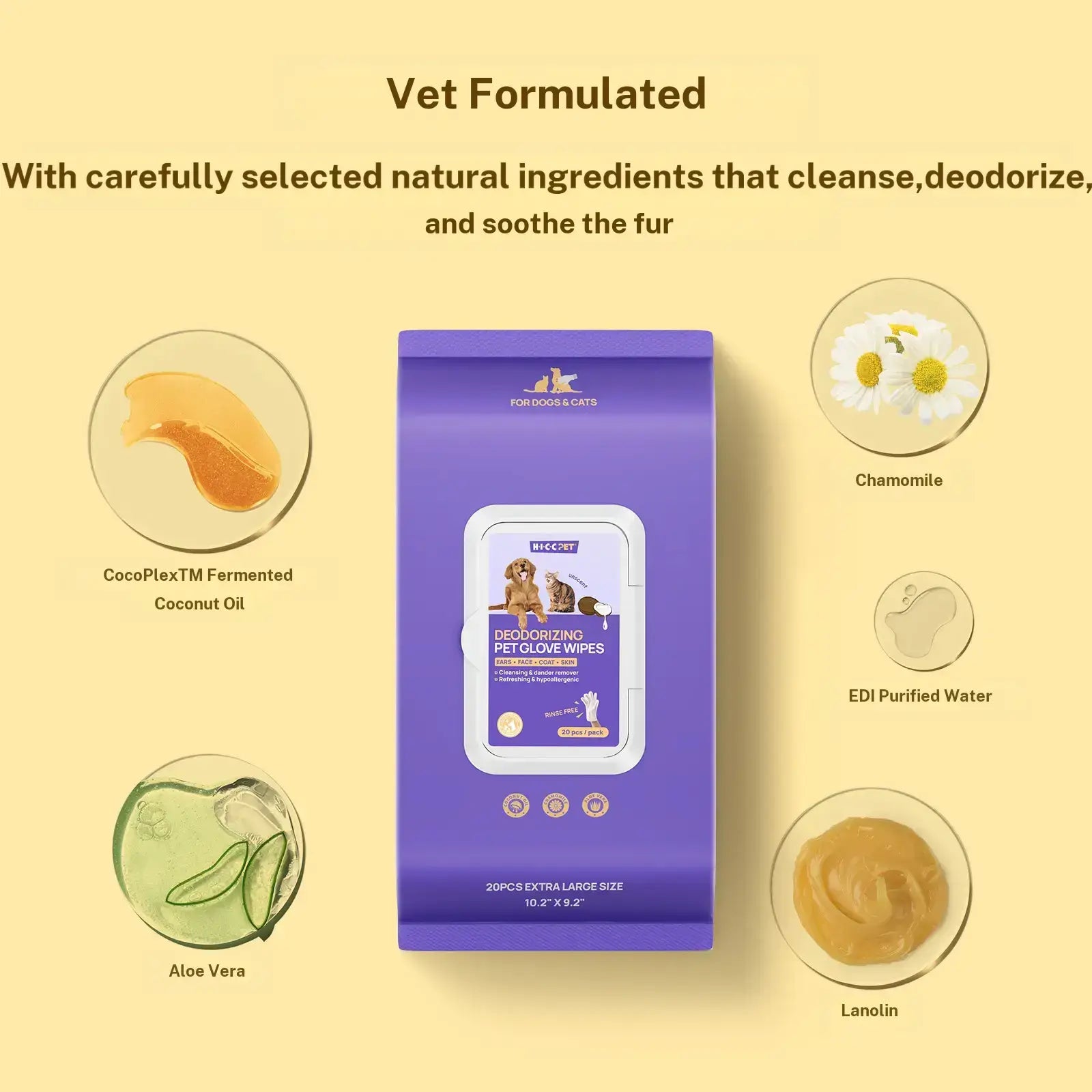 HICC PET 20Pcs Dog Grooming Wipes - No-Rinse Hypoallergenic Glove Wipes with Fermented Oils for Hair Removal, Deodorizing, Skin Hydration, Bath-Free Dog Grooming#Sohochic