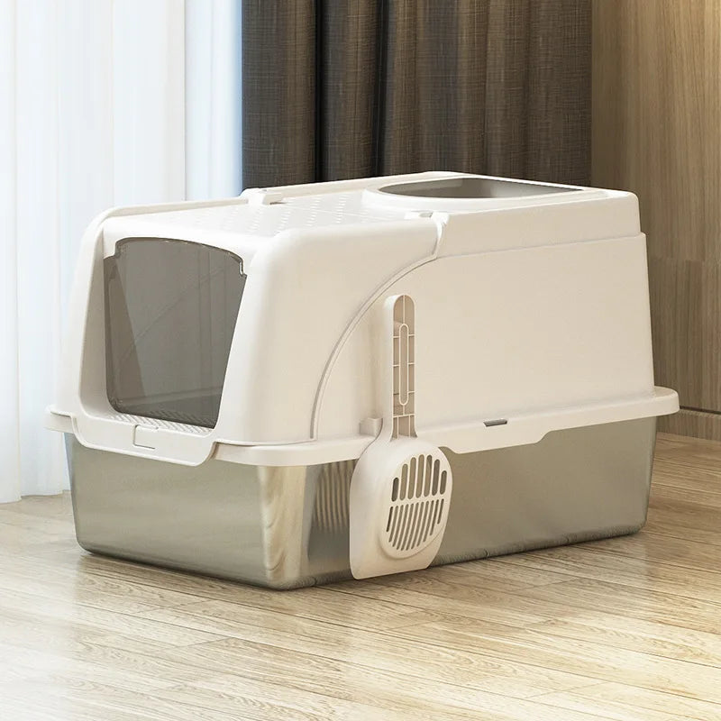 Extra Large Stainless Steel Cat Litter Box – Enclosed, 20L, Removable Lid