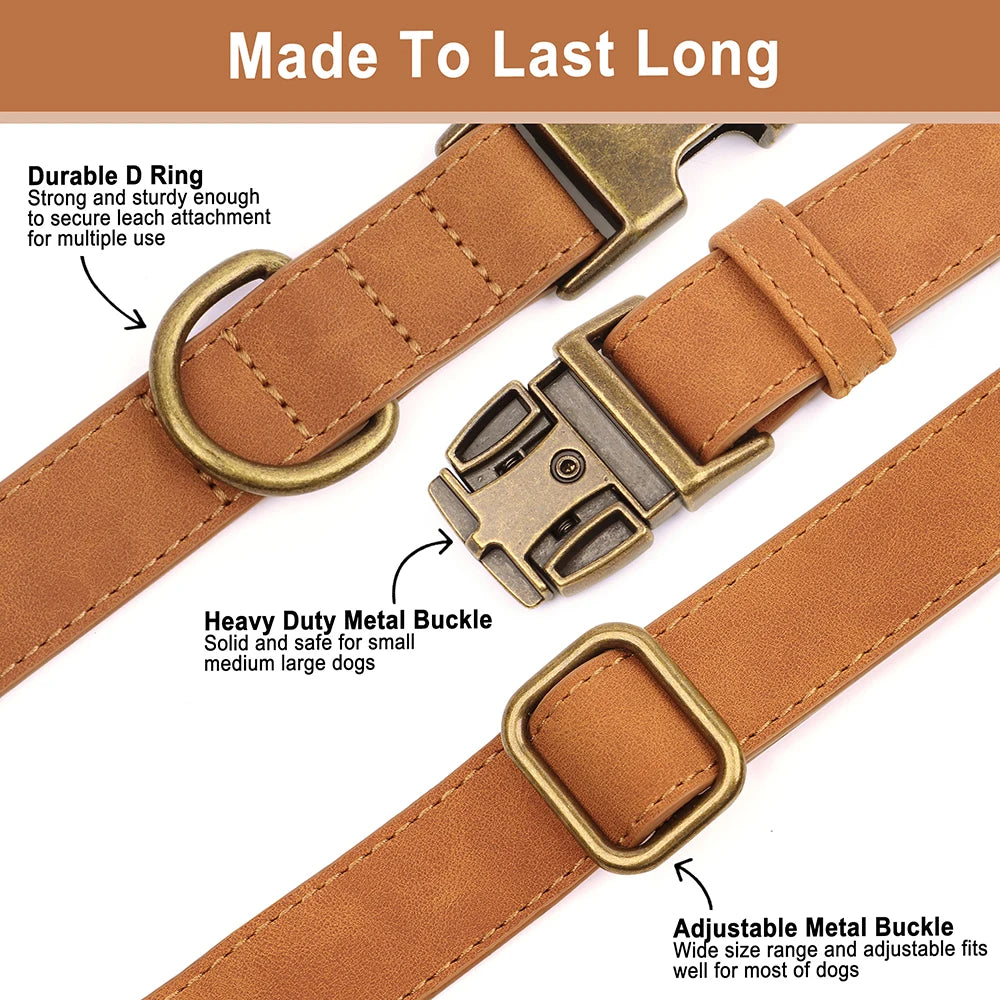 Vintage Leather-Look Dog Collar, Leash & Poop Bag Holder Set