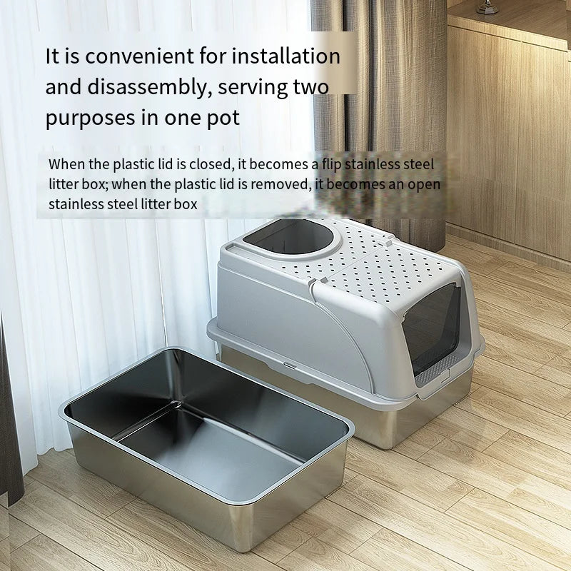 Extra Large Stainless Steel Cat Litter Box – Enclosed, 20L, Removable Lid