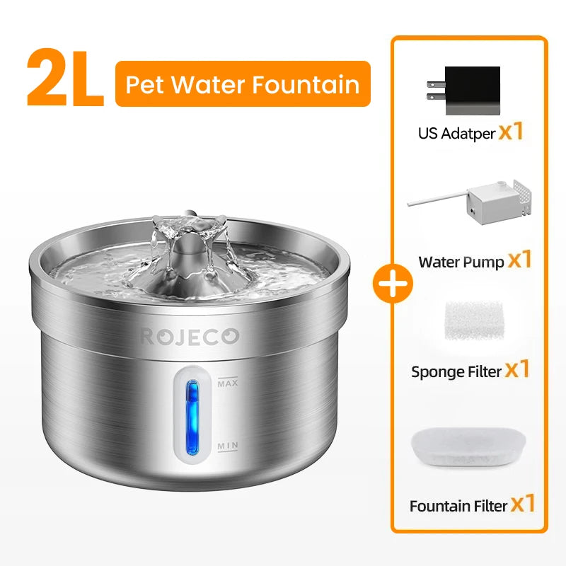 Stainless Steel Cat Water Fountain 2L – Filtered, for Cats & Dogs
