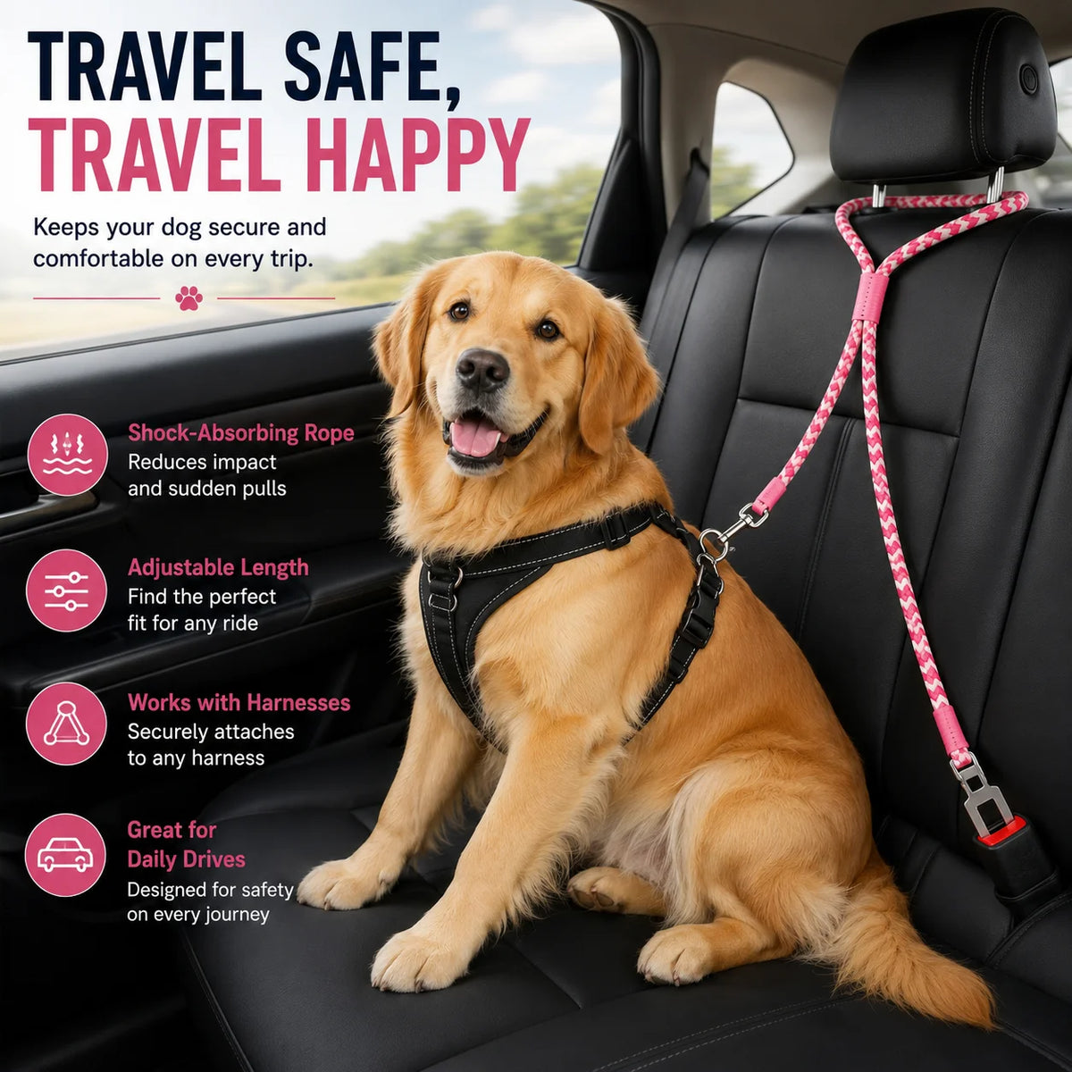 Dog Car Seat Belt – Adjustable Shock-Absorbing Rope