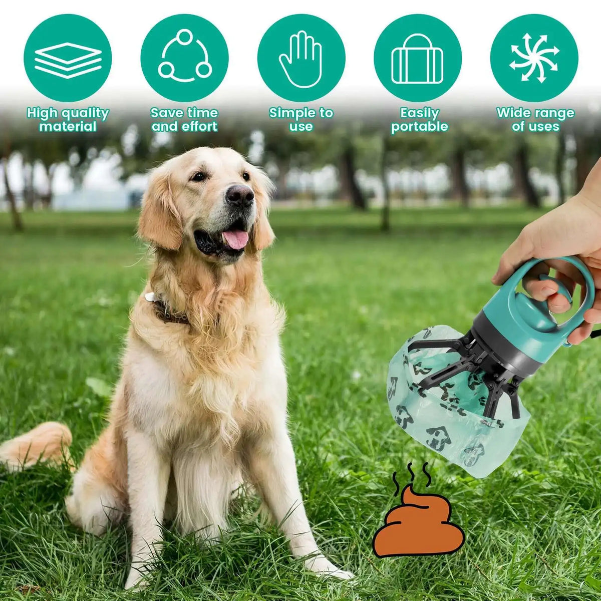 Portable outdoor dog waste collection device – includes a built-in compartment for waste bags.