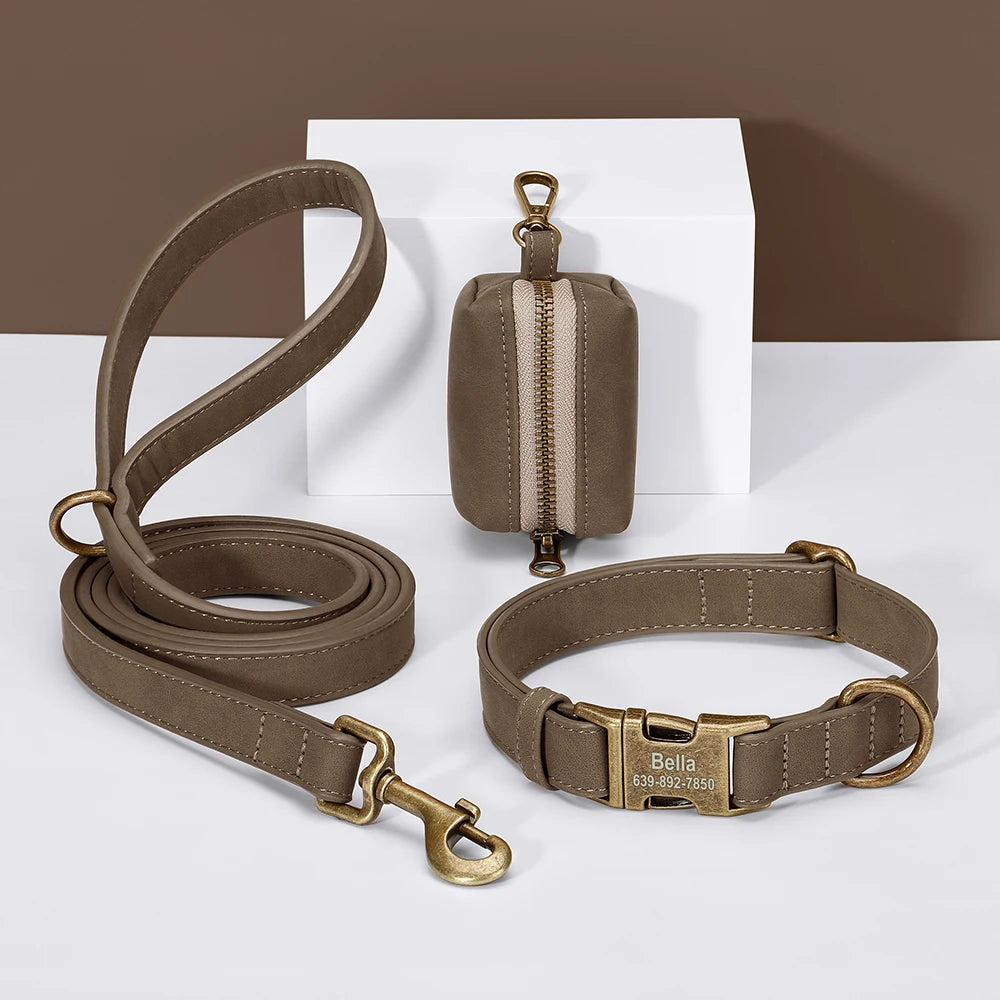 Vintage Leather-Look Dog Collar, Leash & Poop Bag Holder Set