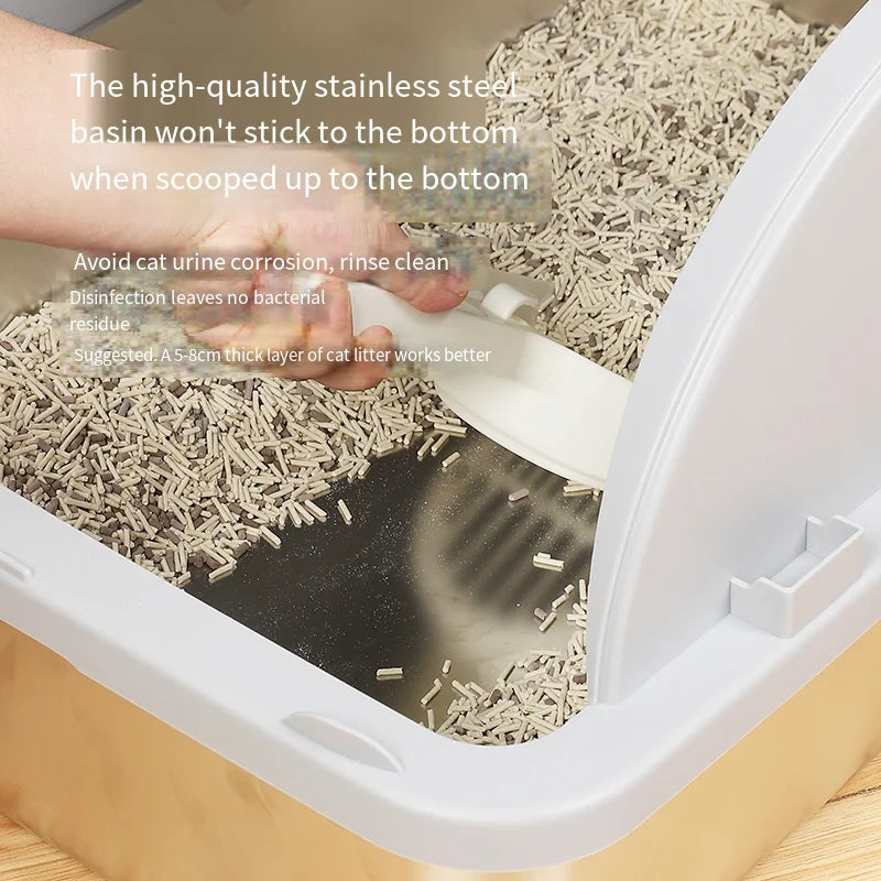 Extra Large Stainless Steel Cat Litter Box – Enclosed, 20L, Removable Lid