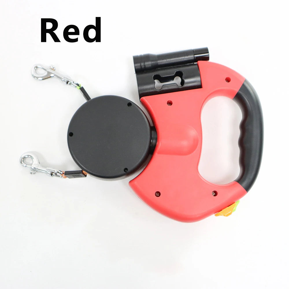 Double Retractable Dog Leash for 2 Dogs – 3m, LED Light & Bag Holder