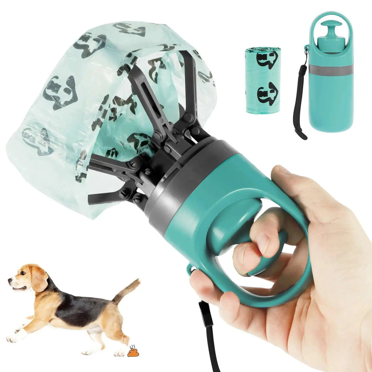 Portable outdoor dog waste collection device – includes a built-in compartment for waste bags.