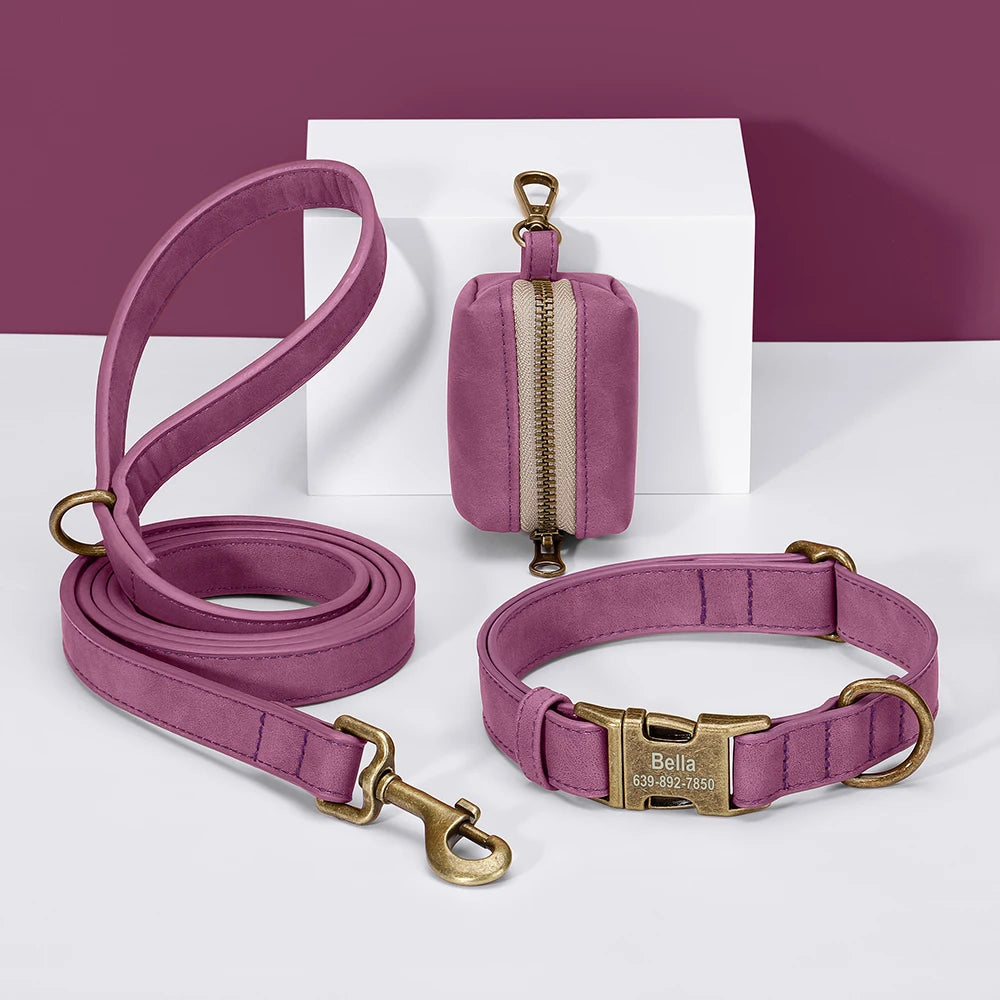 Vintage Leather-Look Dog Collar, Leash & Poop Bag Holder Set