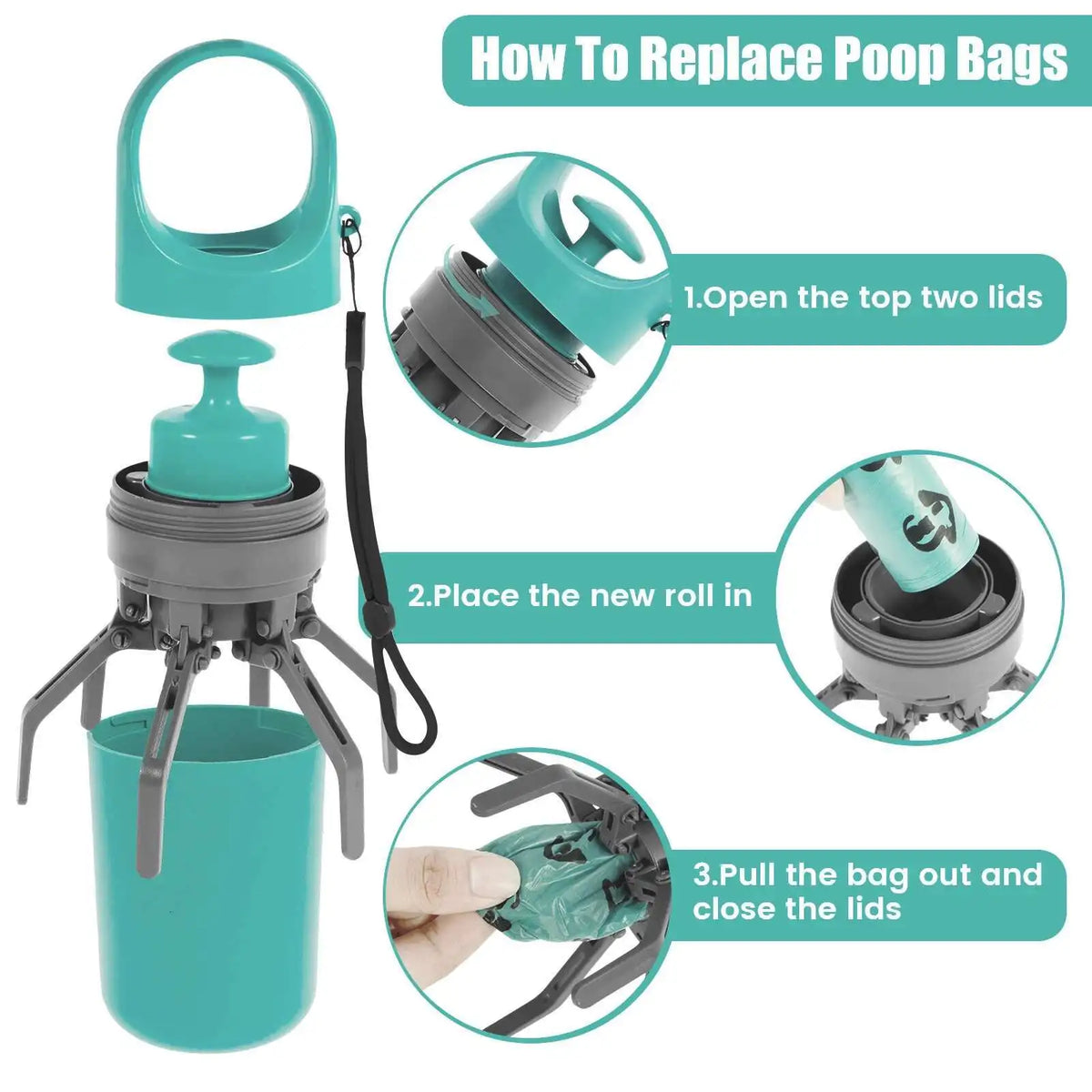 Portable outdoor dog waste collection device – includes a built-in compartment for waste bags.