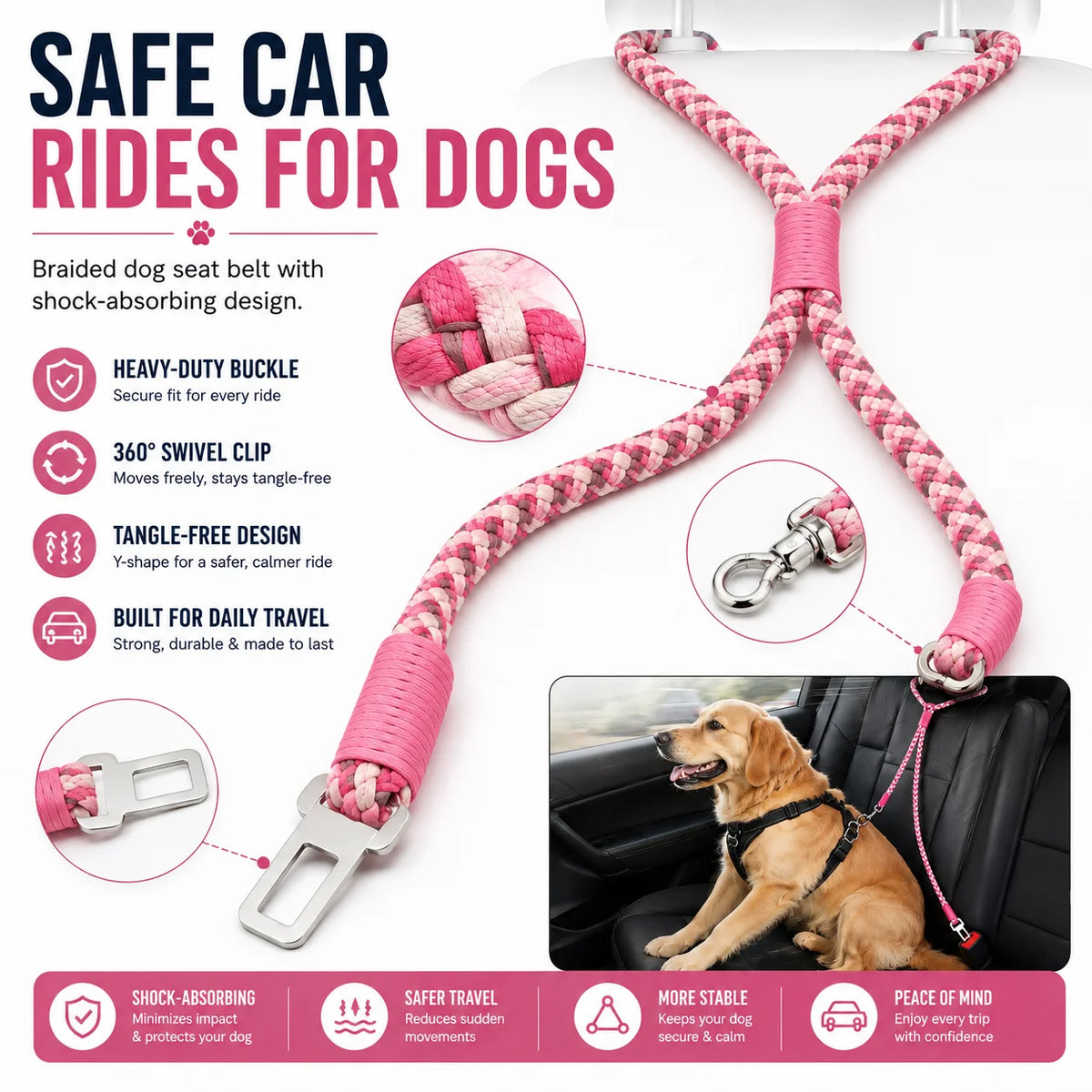 Dog Car Seat Belt – Adjustable Shock-Absorbing Rope