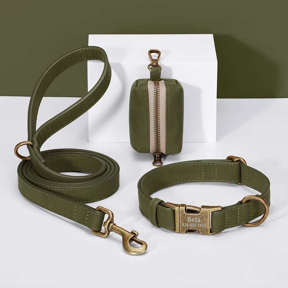 Vintage Leather-Look Dog Collar, Leash & Poop Bag Holder Set