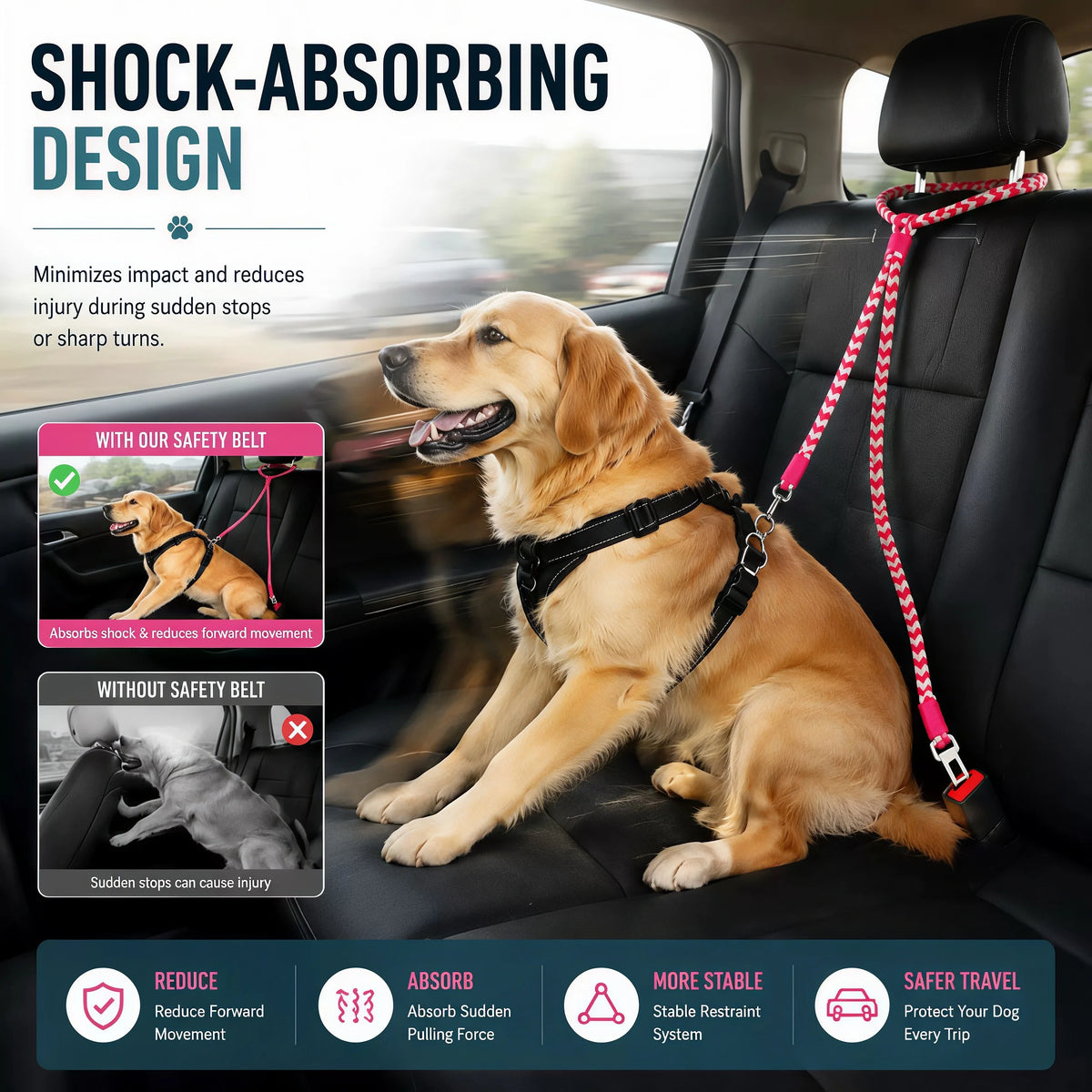 Dog Car Seat Belt – Adjustable Shock-Absorbing Rope