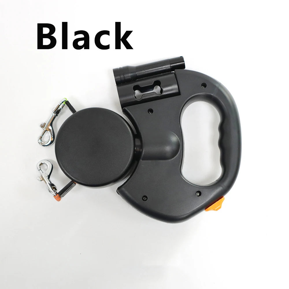 Double Retractable Dog Leash for 2 Dogs – 3m, LED Light & Bag Holder