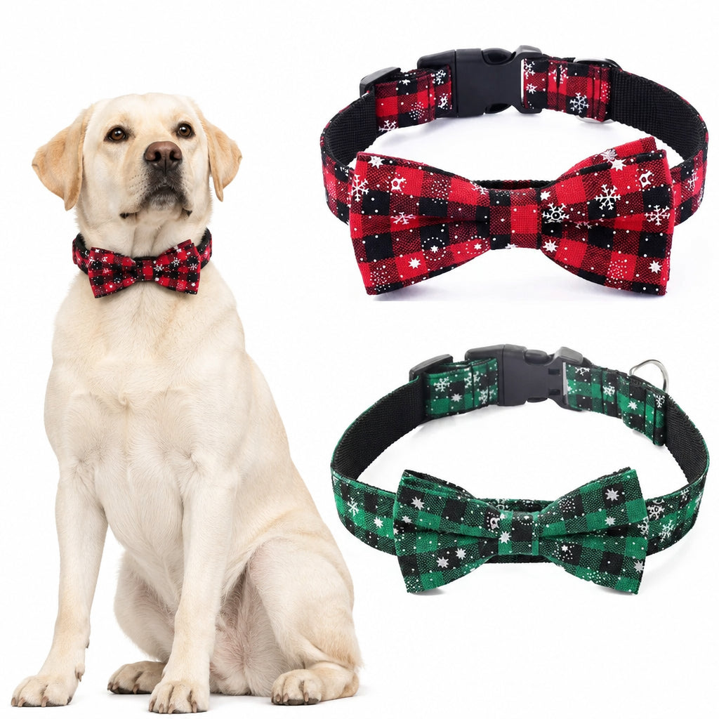 Christmas Plaid Dog Collar with Bow Tie
