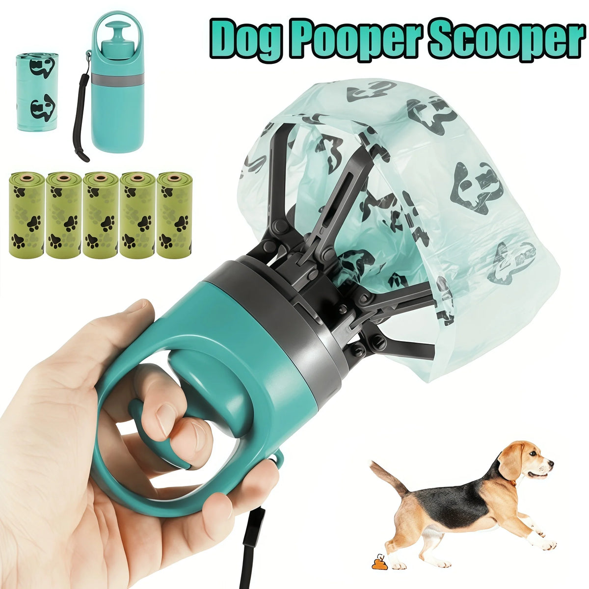Portable outdoor dog waste collection device – includes a built-in compartment for waste bags.