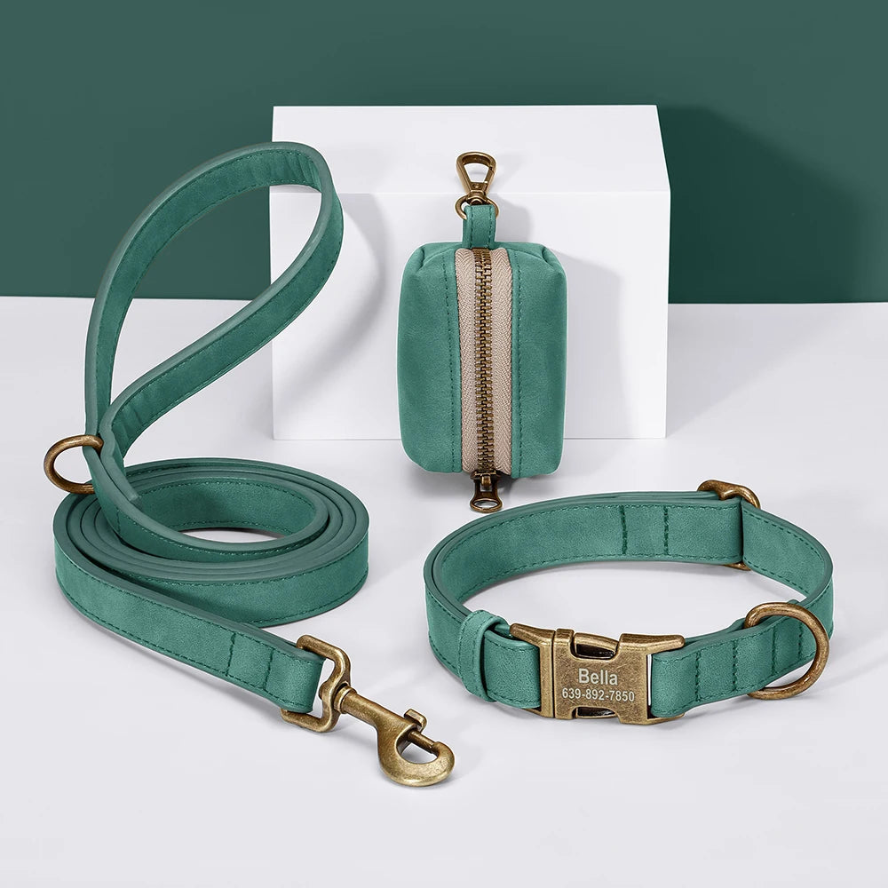 Vintage Leather-Look Dog Collar, Leash & Poop Bag Holder Set