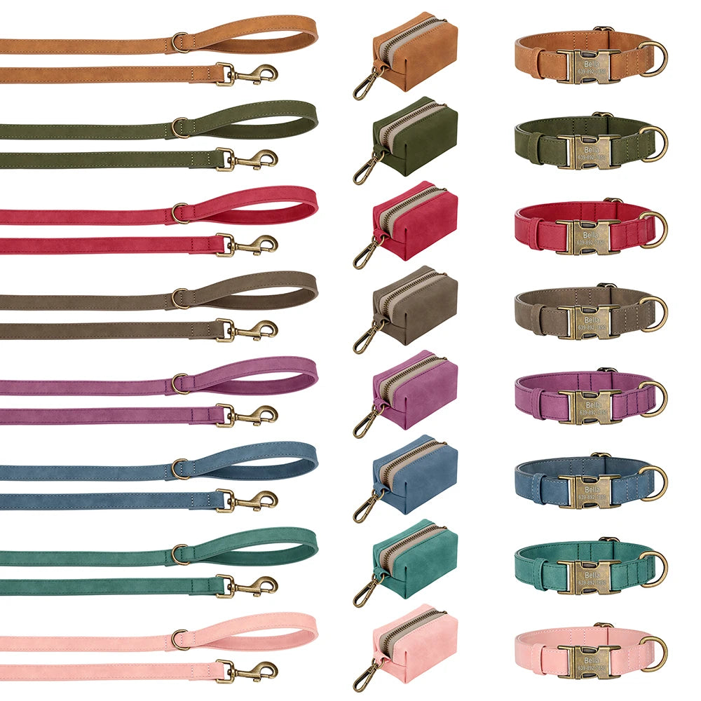 Vintage Leather-Look Dog Collar, Leash & Poop Bag Holder Set