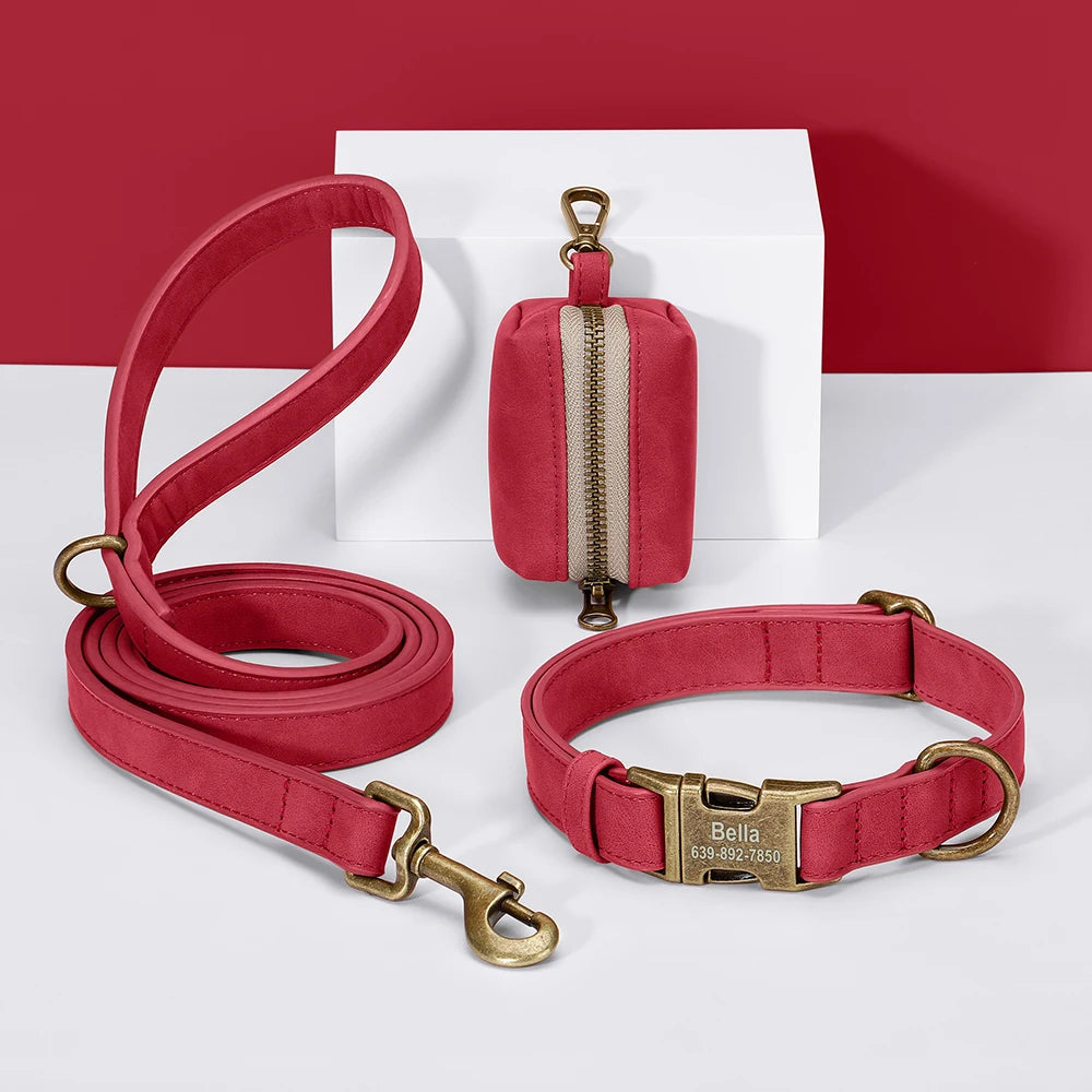 Vintage Leather-Look Dog Collar, Leash & Poop Bag Holder Set