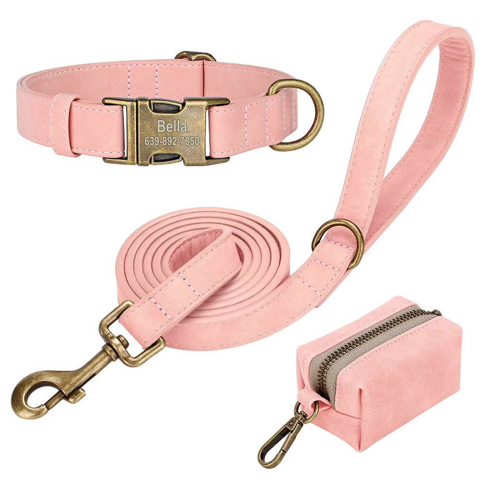 Vintage Leather-Look Dog Collar, Leash & Poop Bag Holder Set