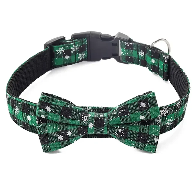 Christmas Plaid Dog Collar with Bow Tie
