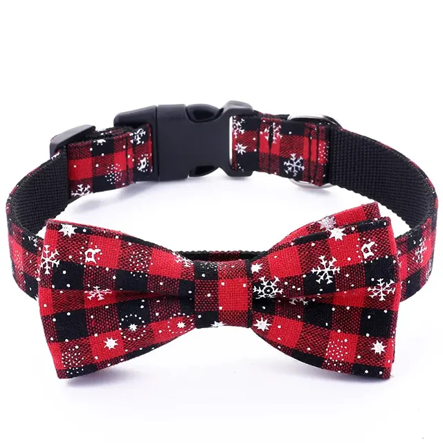 Christmas Plaid Dog Collar with Bow Tie